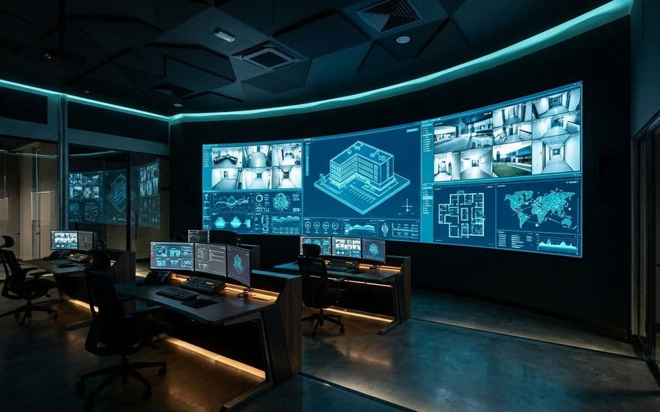 Video wall in a monitoring room showing camera views and floor plans, at night