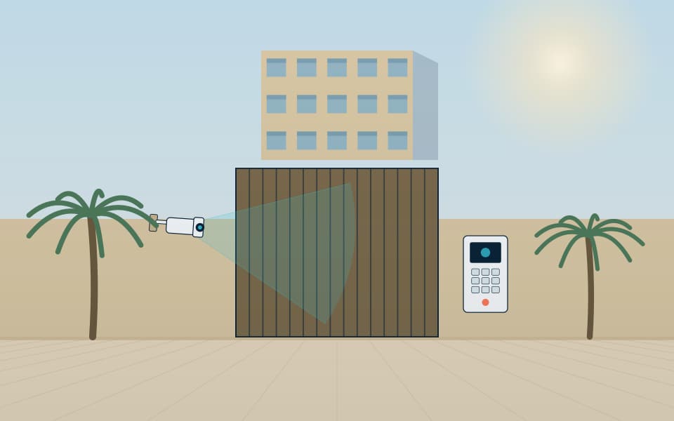 Villa entrance with gate intercom and a perimeter camera, in daylight