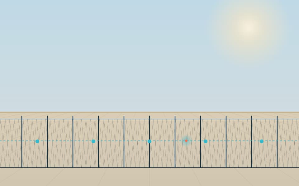 Fence line with fibre-optic sensing zones, in daylight