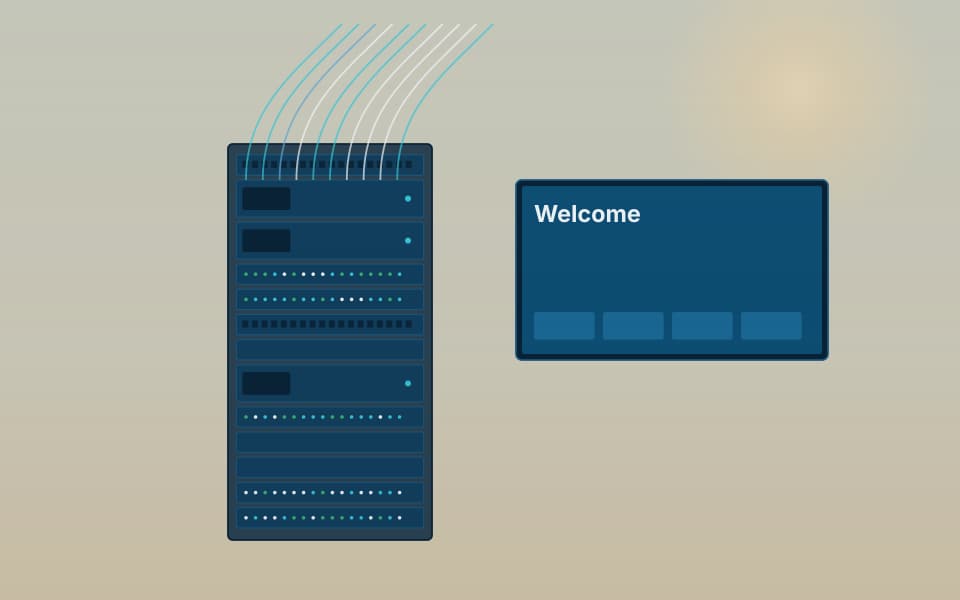 IPTV headend rack beside a channel display, in daylight