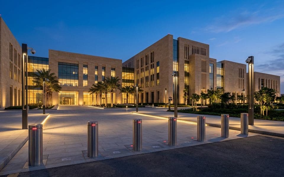 A government complex plaza with anti-ram bollards at dusk